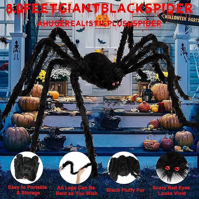 98IN/8.2FT/250CM Halloween Giant Spider Decorations: Largest Fake Scary Hairy Spider - Halloween Huge Plush Toy Spider Props Toy for Indoor Outdoor Creepy Lawn Garden Decor Black