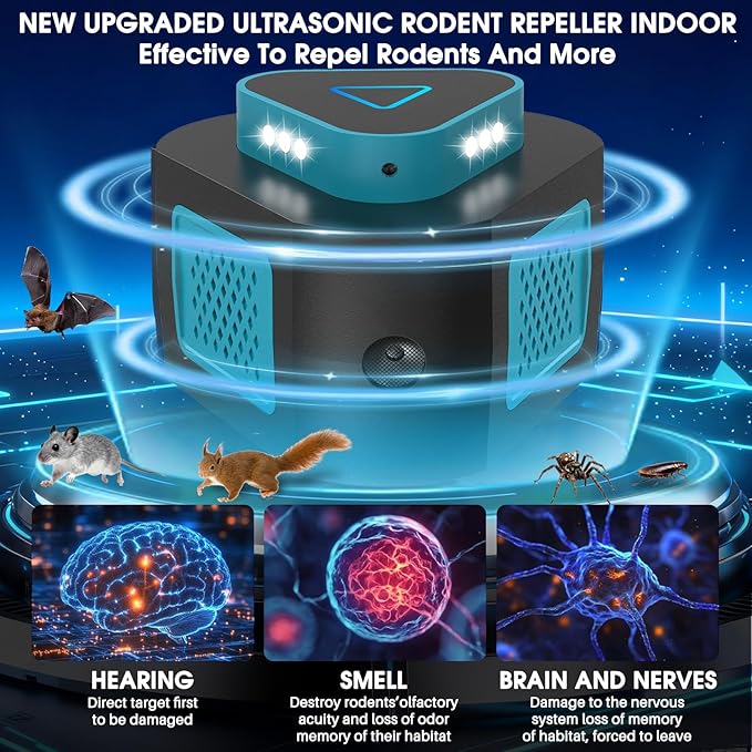 2025 360°Ultrasonic Pest Repellent Plug in,Indoor Pest Control for Rodent Mice Rat Spider Ant Bug Squirrel Bats Roach,4 Mode Switching Mouse Repellent Device for Basement House Garage Kitchen(2pcak)