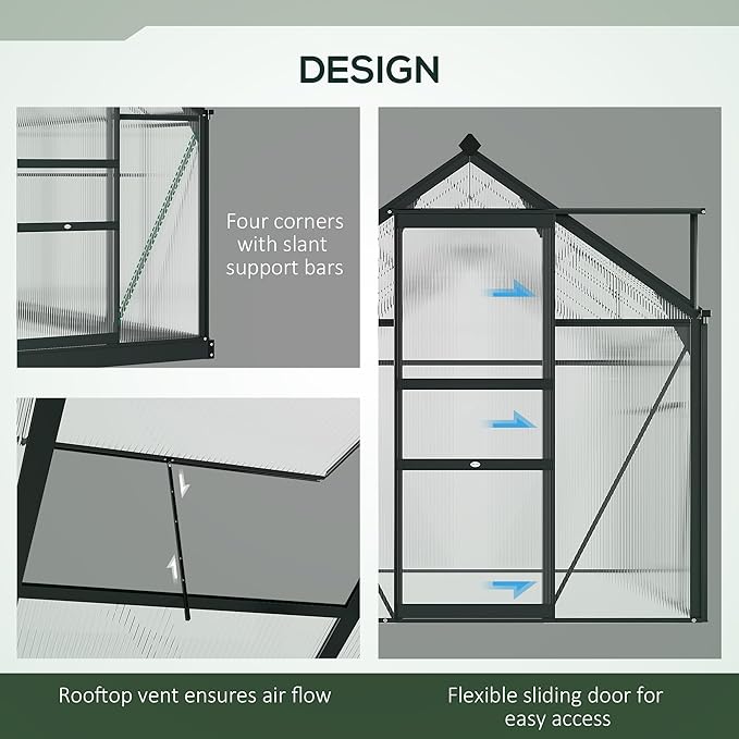 Outsunny 6' x 8' Greenhouse for Outdoors, Polycarbonate Greenhouse with Rain Gutter and Roof Vent, Aluminum Walk-in Green Houses for Outside for Patio Backyard Garden, Gray