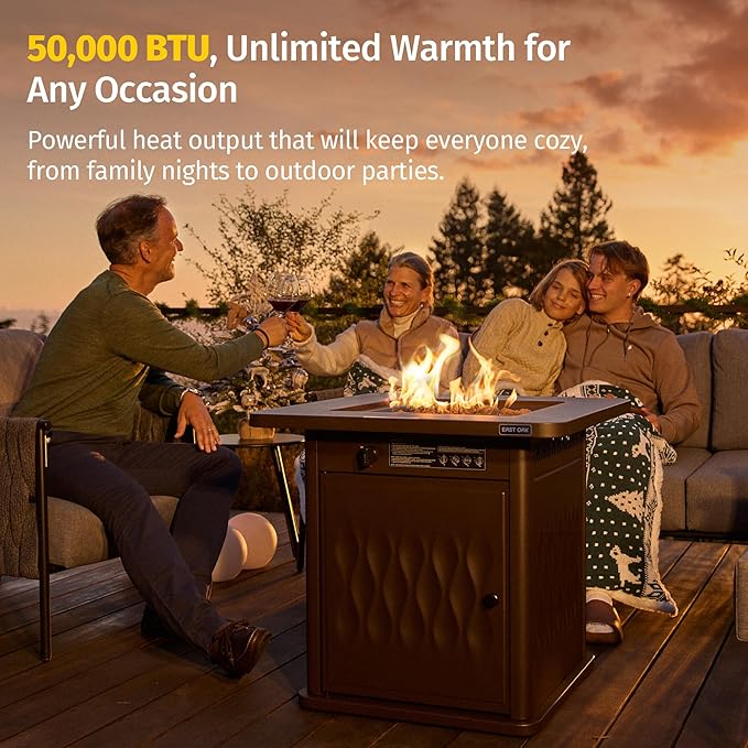 EAST OAK 32" Outdoor Propane Fire Pit Table | 50,000 BTU Gas Fire Pit Table for Outside with Magnetic Lid | Storage Basket & Lava Rocks | CSA Certified for Patio, Garden & Backyard | Brown