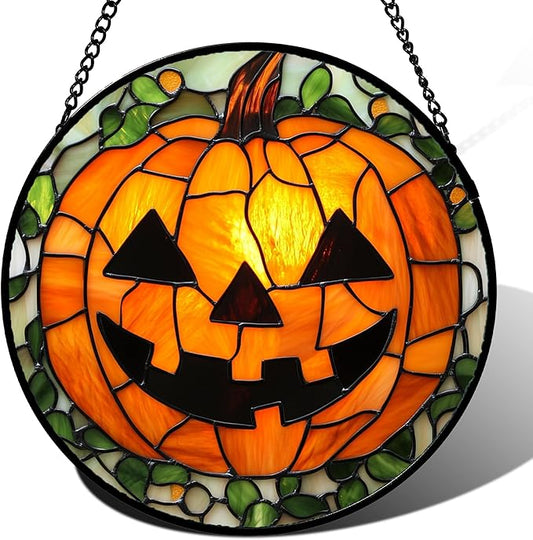 Stained Glass Window Hanging, Halloween Decorations Evil Pumpkin Suncatcher for Doors Garden Indoor Spooky Funny Orange Sun Catchers Gothic Decor Horror Gifts for Women Men Friend 9.8 in