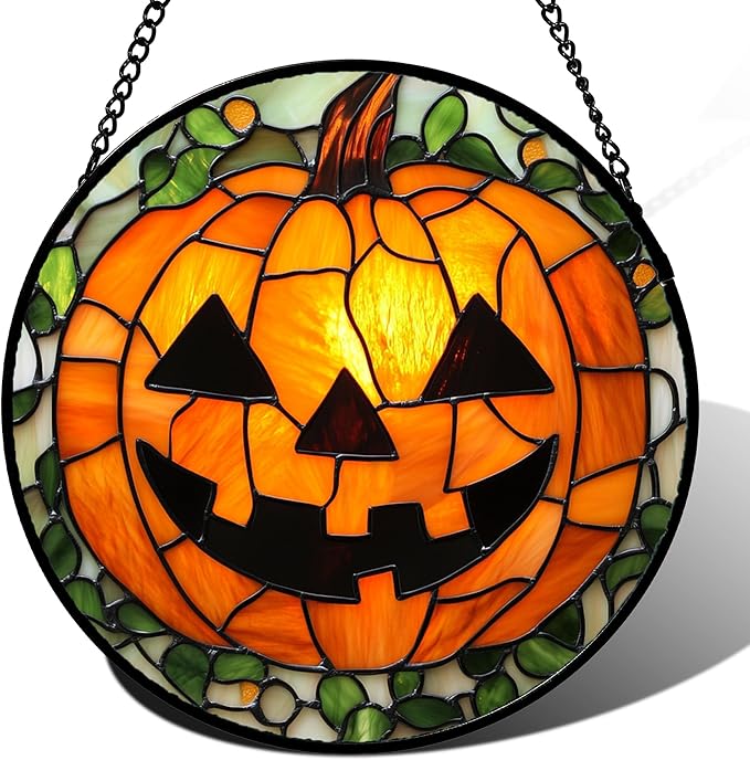 Stained Glass Window Hanging, Halloween Decorations Evil Pumpkin Suncatcher for Doors Garden Indoor Spooky Funny Orange Sun Catchers Gothic Decor Horror Gifts for Women Men Friend 11.8 in