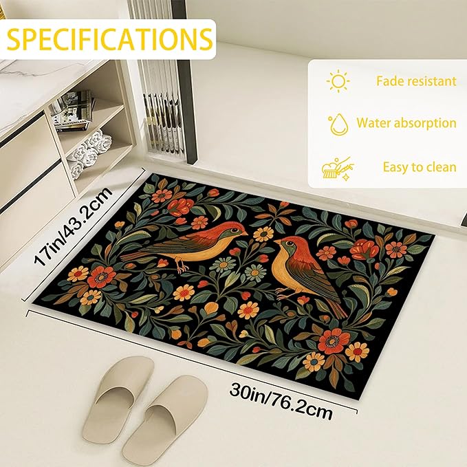 Front Door Mat,Vintage Flowers Birds Doormat Outside Entrance,Non-Slip Rustic Green Leaf Entryway Rug for Porch Patio, Felt Low Profile Welcome Mat Indoor for Hallways, 30 x 17 Inch