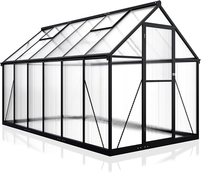 WKM 5.9x10.9 FT Greenhouse for Outdoors, Quick-fit Structure Greenhouse with Window for Ventilation, Aluminum Green House for Garden Backyard, Black