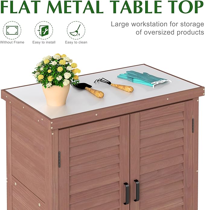 Outdoor Storage Cabinet & Potting Bench Table with Metal Top (Dark Brown, 36x31x17in)