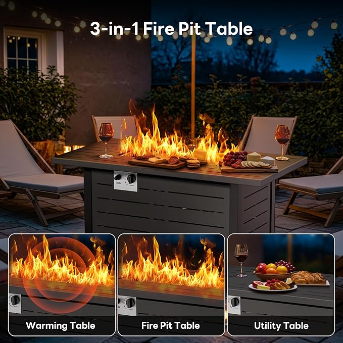 43 Inch Propane Fire Pit Table, 3-in-1 Multi-Use 50,000 BTU Square Gas Fire Pit with Lid & Blue Glass Stones, Steel Tabletop, Adjustable Flame, for Patio, Backyard, Deck, Outdoor Gatherings