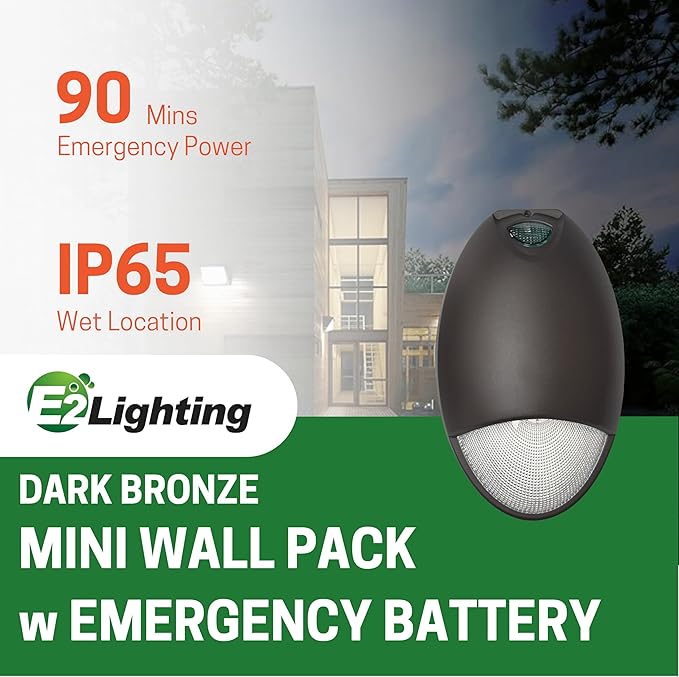 Mini Wall Pack Emergency Lights, LED Emergency Lights with Battery Backup, 90min Power, Photocell Sensor, IP65, Wet Resistant, Dark Bronze, 12W for Business and Home