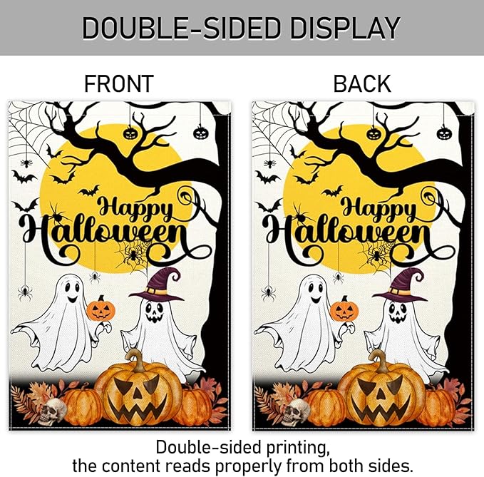 ChloropLastid Happy Halloween Ghost Garden Flag Double Sided 12x18 Inch Halloween Pumpkin Holiday Outside Outdoor Decorations Burlap Yard Flag