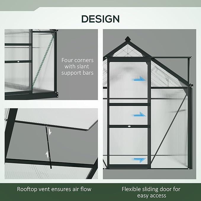 Outsunny 6' x 4' Greenhouse for Outdoors, Polycarbonate Greenhouse with Rain Gutter and Roof Vent, Aluminum Walk-in Green Houses for Outside for Patio Backyard Garden, Gray