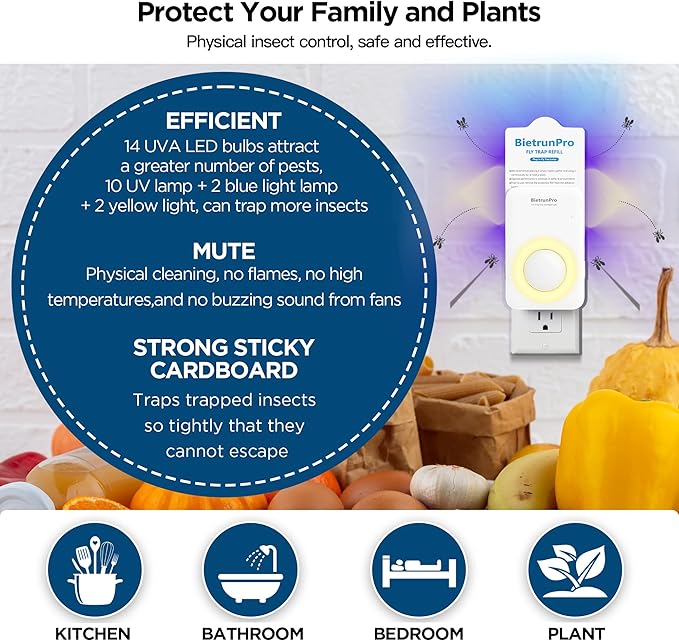 Fly Traps Indoors(1 Device+5 Refills), Gnat Traps for House Indoor with Night Light, 3-in-1 UV/Blue/Yellow Light Plug-in Flying Insect Traps, Fruit Fly Killer, NAT Killer, Get Rid of Gnat Infestation