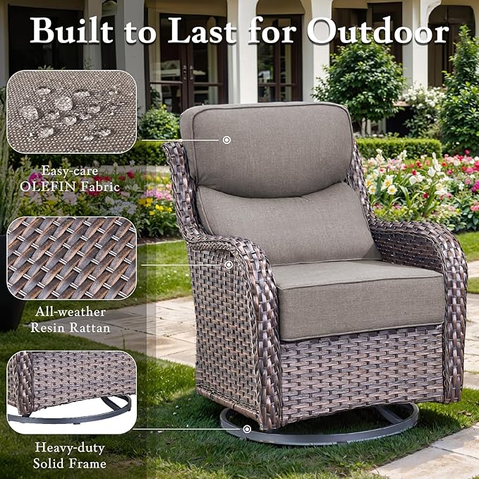 Luxury Outdoor Furniture Set with Swivel Chairs, High Back Swivel Patio Chairs with Ottoman, Side Table & 6-Inch Thick Cushions, Wicker Patio Furniture Set for Porch, Yard, Deck, Poolside, Brown/Grey