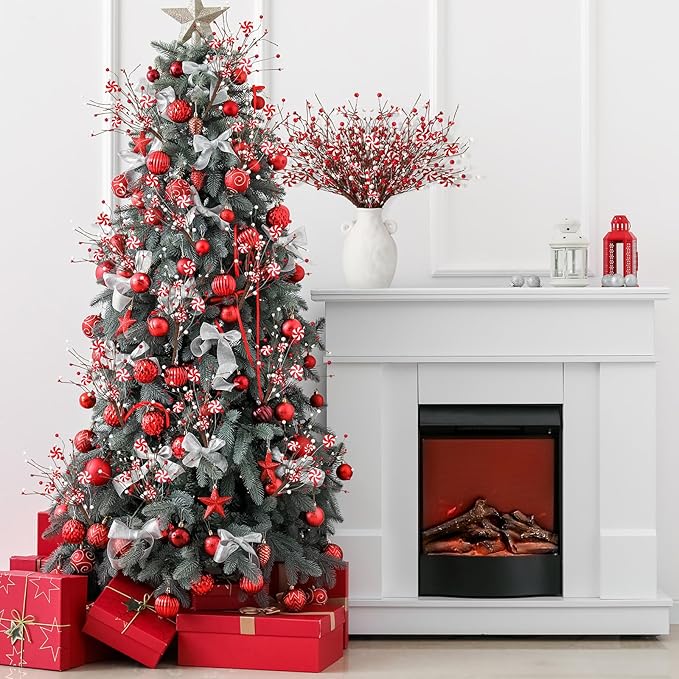 8 Pcs Christmas Candy Cane Decoration Xmas Tree Picks Ornaments, Red White Curly Pick and Spray with Artificial Berries Stem for Home Vase Filler Table Centerpiece Craft Xmas Tree Topper