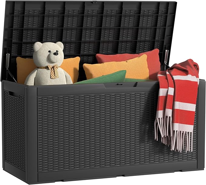 100 Gallon Outdoor Storage Box Waterproof, UV Resistant Resin Deck Box with Hydraulic Rod, Reinforced Stability for Patio, Garden, Rattan Black