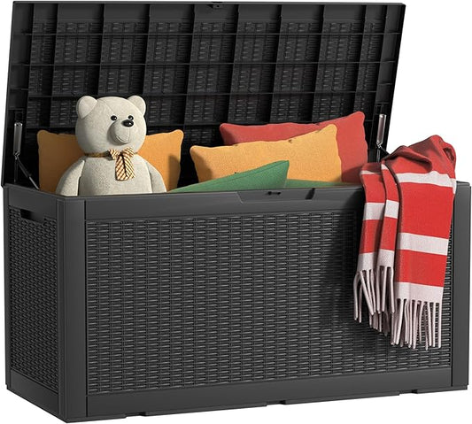 100 Gallon Outdoor Storage Box Waterproof, UV Resistant Resin Deck Box with Hydraulic Rod, Reinforced Stability for Patio, Garden, Rattan Black