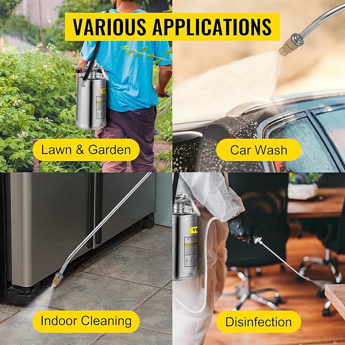 Happybuy 1.5 Gallon Stainless Steel Sprayer, 16" Wand&3.3FT Reinforced Hose, Hand Pump Sprayer with Pressure Gauge, Safety Valve&Adjustable Nozzle, Weed Sprayers for Lawn, Gardening & Sanitizing