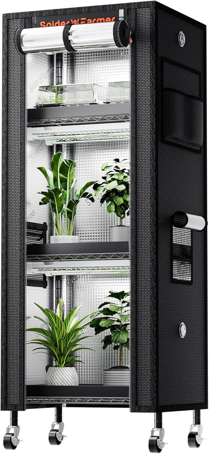 Spider Farmer 2025 4-Tier Plant Stand with 6Pcs 12" Full Spectrum 5000K LED Grow Lights and Tent Cover Mini Greenhouse Height Adjustable for Seed Starting Indoor Plants Growth 16Lx12Dx47H