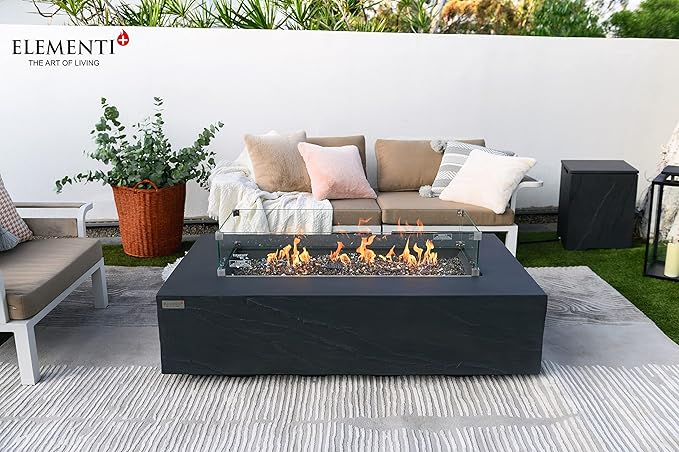 Elementi+ | Cape Town Gas Fire Pit Cast Concrete 56" Rectangular Fire Table, Outdoor Fire Pit Electronic Ignition | Canvas Cover, Fire Glass and Burner Lid Included | Dark Gray | Natural Gas