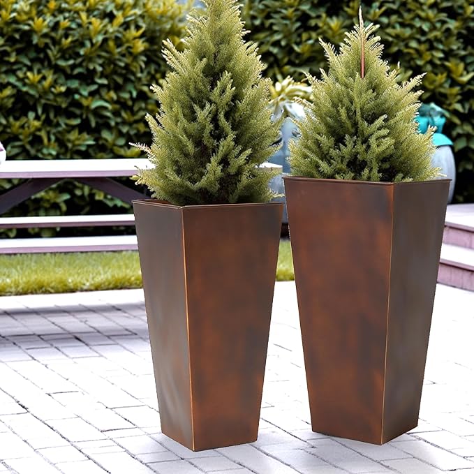Worth Garden Large Metal Planter Set of 2 (25" & 28" H.), Matte Bronze Retro Finish Tall Square Tapered Steel Plant Pots, Decor Flower Pot Indoor & Outdoor, Drainage Hole & Dual-Purpose Plant Saucer