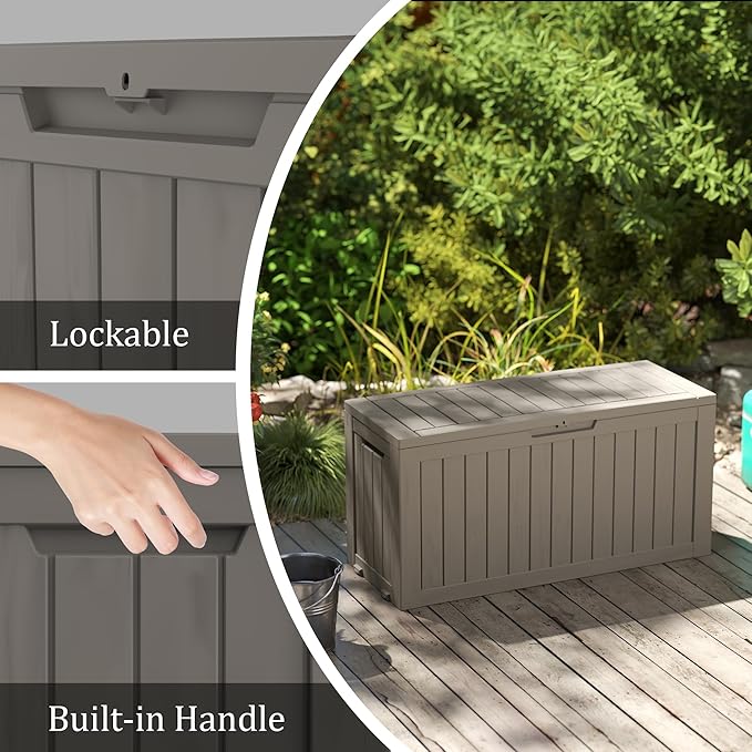 80GAL PLUS Rolling Brown Outdoor Deck Box with Lock Hole - Waterproof, SGS - Certified UV Protection, All - Weather Resin, Mobile Storage for Poolside or Patio Use, Easy Assembly