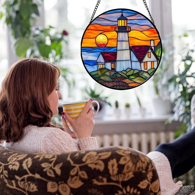 Stained Glass Window Hanging - Sea Lighthouse Suncatcher for Door Terrace Garden Home Decor Sunset Beach Scenery Sun Catcher Birthday Gifts for Lovers Women Men Dad Mom Nana 7.8 in