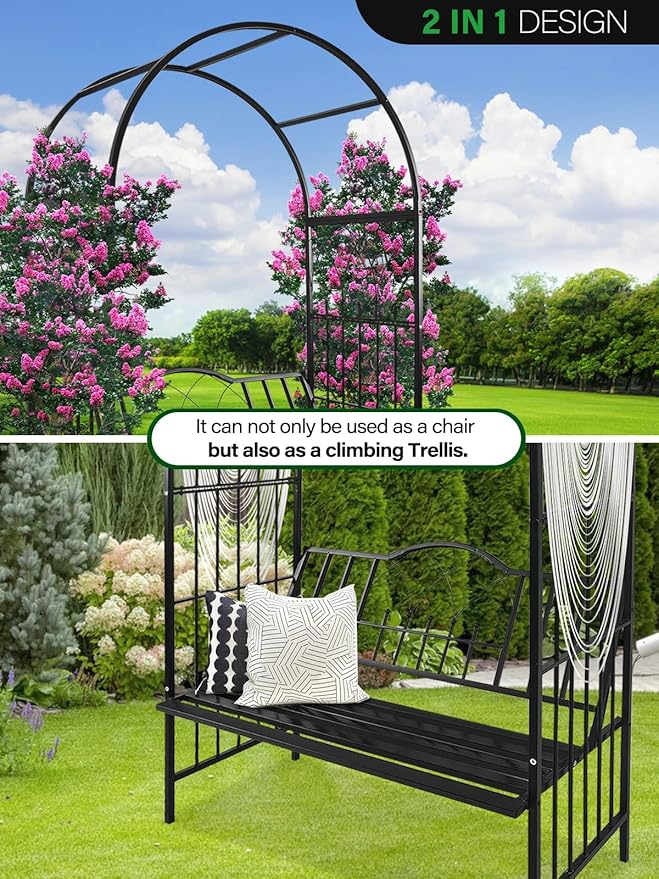 Kalolary Garden Arch with Bench, Heavy Duty Metal Garden Arbor for Climbing Plant & Bench Vines Climbing Support for Lawn Yard Patio Decor (81"x45")