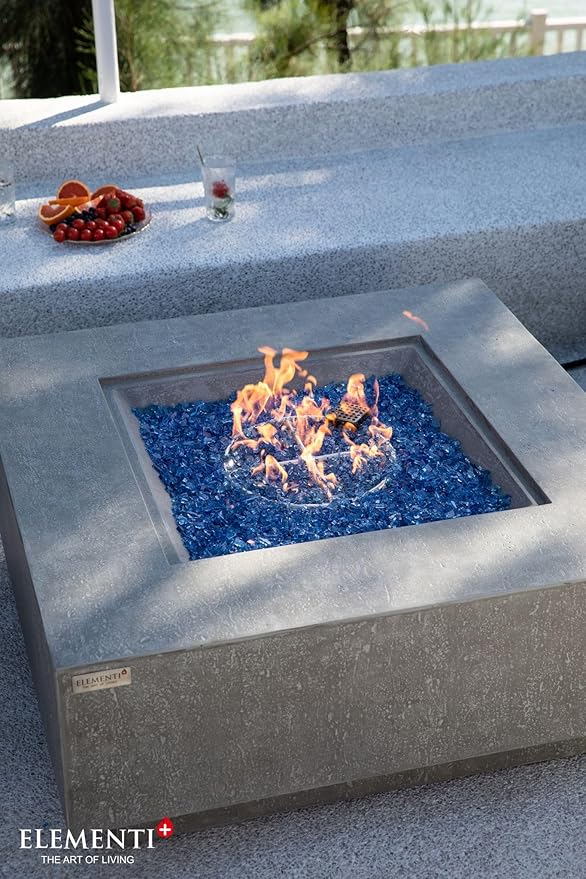 Elementi+ | Victoria Gas Fire Pit Cast Concrete 40" Square Fire Table, Outdoor Fire Pit Electronic Ignition | Canvas Cover, Fire Glass and Burner Lid Included | Light Gray | Propane Gas