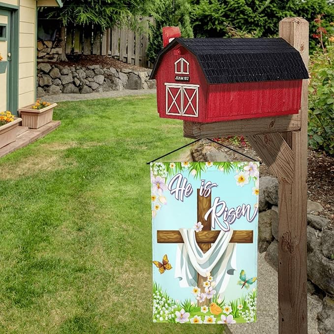 Christian Easter He Is Risen Cross Spring Garden Flag Welcome Party Outdoor Outside Decorations Picks Home House Garden Yard Decor 12x18 Inch