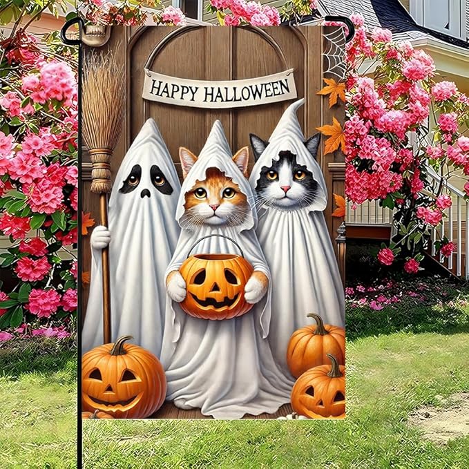 Halloween Pumpkin Witch Cat Garden Flag 12x18 Inch Double Sided Fall Yard Flag