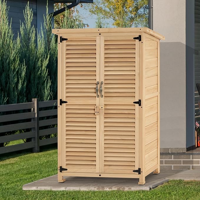 MCombo Outdoor Storage Cabinet, Wooden Storage Shed with Latch, Outside Garden Tool Shed with 2 Doors for Patio Yard Lawn, 0709 (Natural, Small)