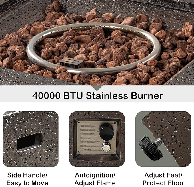 SUNBURY Outdoor Propane Gas Fire Pit Table, 35 Inch Square Outdoor Firepit Table, 50000 BTU Fire Table for Patio Set, Brown