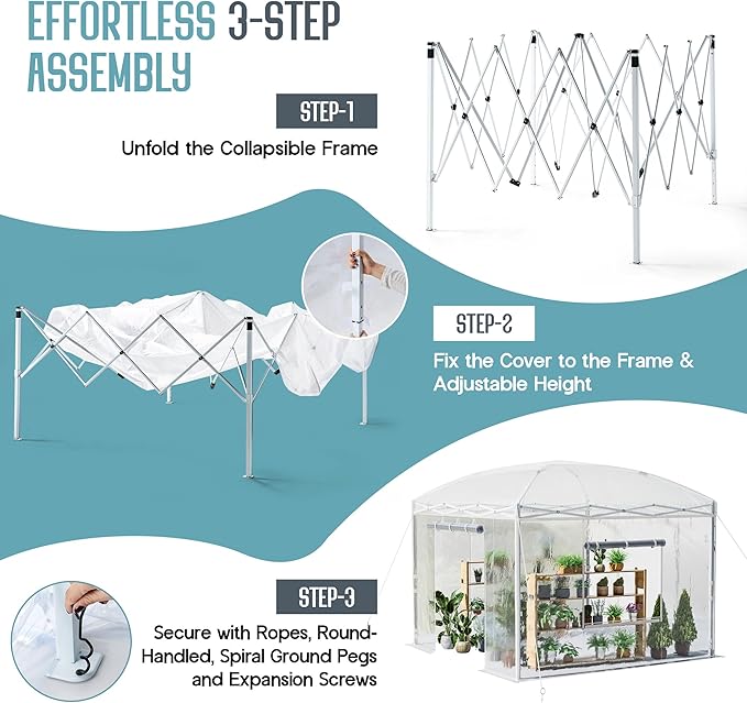 Specraft 10×10×8.5 FT Outdoors Pop-up Greenhouses with Adjustable Reinforced Frame, Portable Walk in Greenhouse with 2 Roll-up Zipper Door, Mesh Windows, PE Cover, White