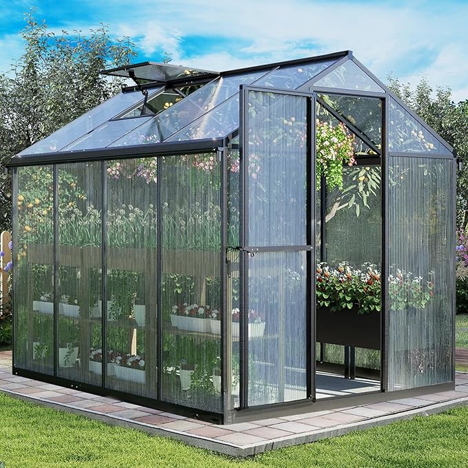 Aoodor 6 x 8 Ft Walk-in Greenhouse with Gutter, Polycarbonate and Heavy-Duty Aluminum Frame, Adjustment Skylight and Lockable 2-Sided Door for Patio, Outdoor, Yard, Lawn Use, Black
