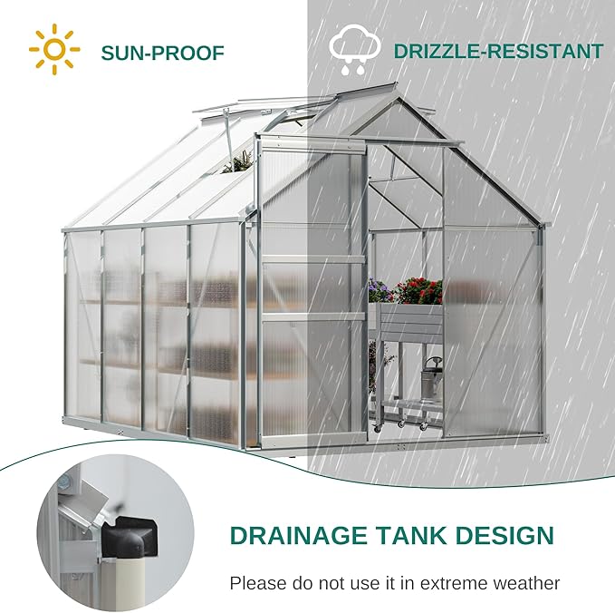 YITAHOME Polycarbonate Greenhouse 6x8FT Heavy Duty Green Houses Outdoor Greenhouses Aluminum Sliding Doors Vent Window Large for Garden Backyard, Silver