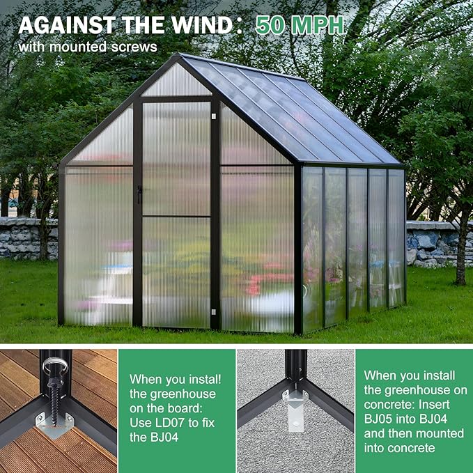 Outdoor Polycarbonate Greenhouse 10x6x6 FT Heavy Duty Aluminum Frame Outsides Green House Kit with Transparent Panels Windows Door for Backyard Garden, Walk in Plant Greenhouses,Black Thick Frame