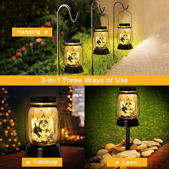 Corgi Gifts for Women/Men Corgi Solar Lanterns Dog Mom Birthday Dog Lovers Lantern Pet Loss Pet Memorial Lights Solar Garden Decoration for Yard, Patio,Backyard,Porch Torches