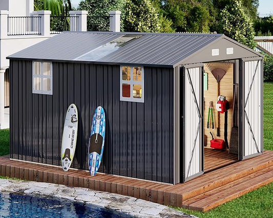 AMERLIFE 10x11.5x7.4 FT Galvanized Steel Storage Shed with 2 Transparent Panels, 2 4-Pane Windows & Hinged Double Doors, Outdoor Shed for Backyard, Patio, Garden, Dark Gray