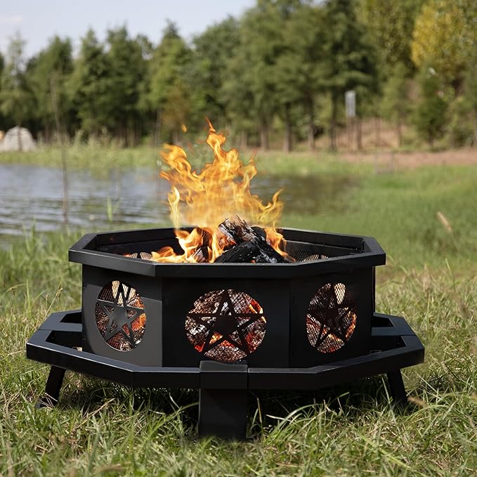 43 Inch Octagonal Fire Pit with Cooking Grill,Outdoor Wood Burning Fire Pit for Camping Outside Picnic Bonfire,Heavy Duty Firepit for Backyard Garden Patio