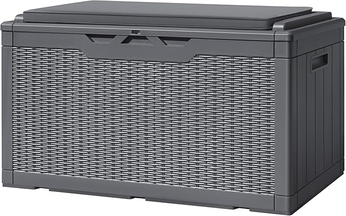 Greesum 100 Gallon Resin Deck Box Large Outdoor Storage with Cushions for Patio Furniture, Garden Tools, Pool Supplies, Weatherproof and UV Resistant, Lockable, Gray