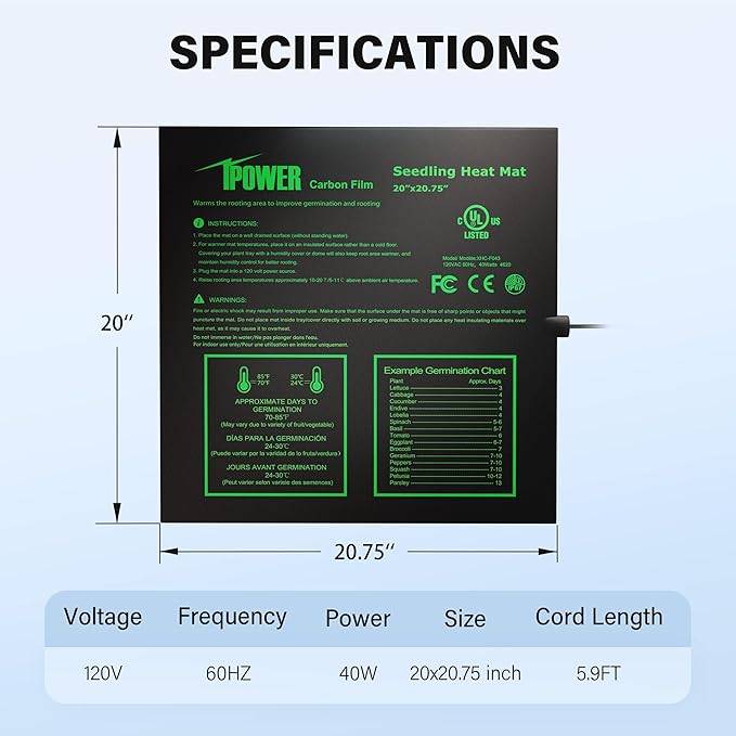 iPower Seeding Heat Mat Upgraded Carbon Film Indoor Warm Hydroponic Plant Germination Starting Pad Durable Waterproof, 20" x 20.75", Black