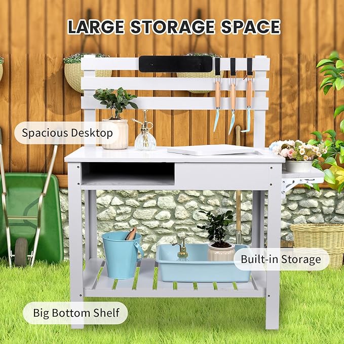 Kids Potting Bench Table Outdoor Garden Table Wooden Work Station Outdoor Garden Work Bench Platform with 3 Side Hook Shelf Natural Wood White Grey Gift for Boys Girls