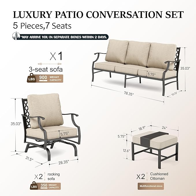 HERA'S HOUSE 5 Pieces Patio Furniture Set, 2 x Cushioned Rocking Chair, 2 x Ottoman, 1 x 3-Seat Sofa, All Cushioned 7 Seats Outdoor Conversation Set for Lawn Garden Backyard