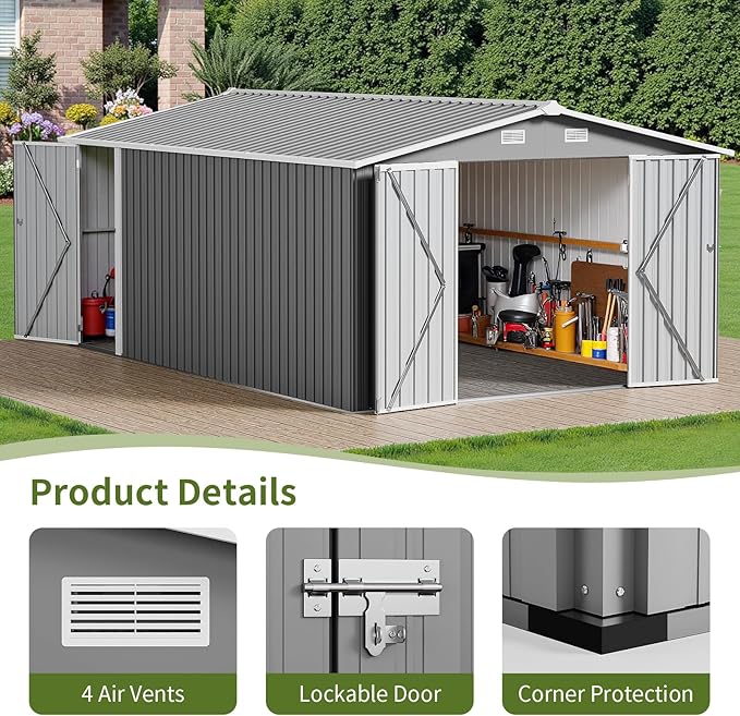 10×14 FT Outdoor Storage Shed, Dark Grey Workshop Shed with 3 Lockable Doors & 4 Vents for Backyard, Patio, Lawn, Garden Tool & Lawn Mower Storage - Ideal for Homeowners, Gardeners & DIYers