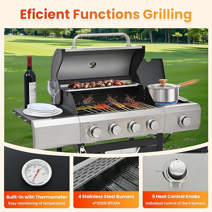 4-Burner Propane Gas BBQ Grill with Side Burner, Porcelain-Enameled Cast Iron Grates and Grills Cover, 51,000 BTU Stainless Steel Grill for Outdoor Camping Barbecue Grilling Backyard Cooking