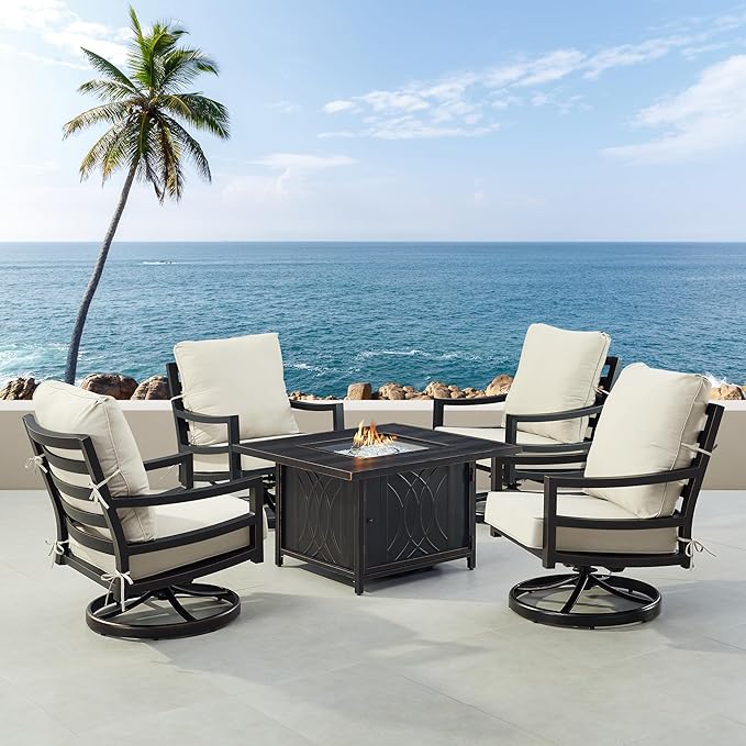 Oakland Living Black Aluminum Patio Fire Table Set with Four Club Chairs with Light Grey Cushions