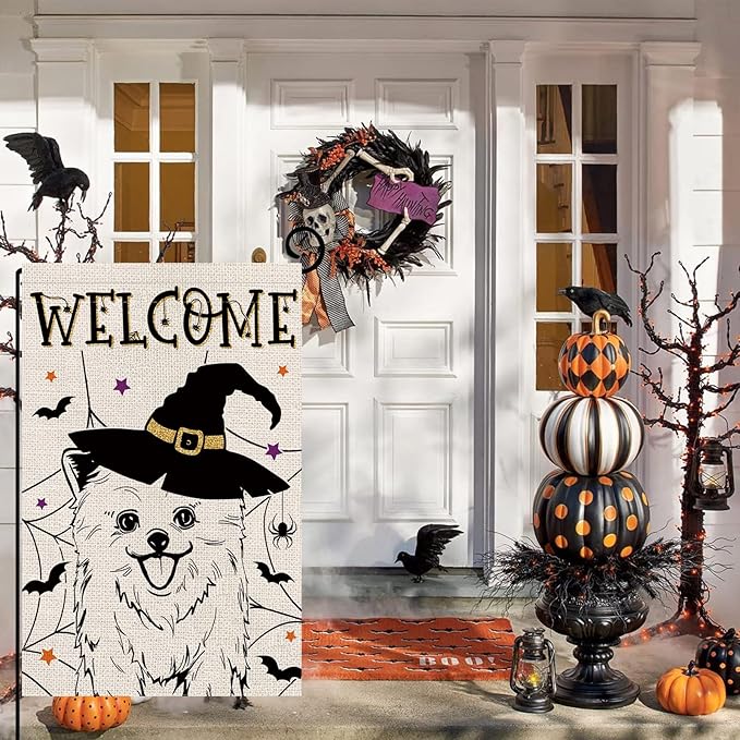 Halloween Garden Flag Pomeranian Cobweb Bats Double Sided Vertical Welcome Flag Seasonal Holiday Outdoor Yard Lawn Party Decorations 12.5 x 18 Inch