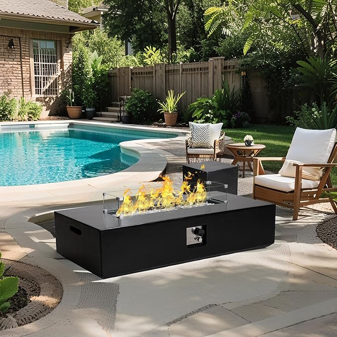 3-Piece Outdoor Propane Fire Pit Table Set – Premium Marble-Like MgO Finish, 56-Inch Gas Fire Table with Tank Table & Glass Wind Guard for Patio, Garden & Backyard, Includes Rain Cover & Glass Beads