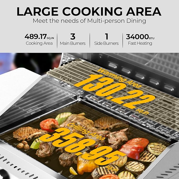 3-Burner Propane Gas Grill with Side Burner – 34,000 BTU Stainless Steel Outdoor BBQ Grill, Cast Iron Grates, Portable with Wheels for Patio, Camping