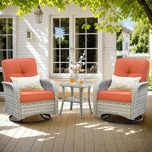HOOOWOOO Outdoor Patio Bistro Set,3 Pieces Wicker Out Door Swivel Rocking Chair with Matching Side Table,Patio Furniture Sets,Brick Red