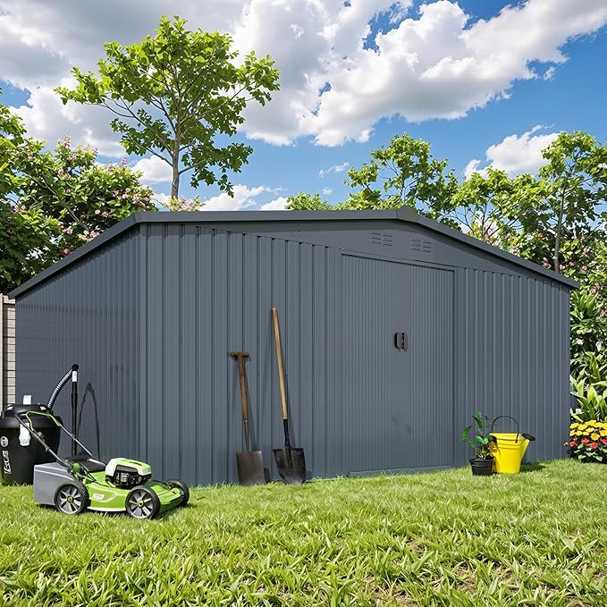 AECOJOY 12' x 14' Outdoor Storage Shed with Sliding Door, Outdoor Sheds & Outdoor Storage Clearance Backyard Shed Storage Cabinet, Large 14x12 Metal Storage Tool Shed