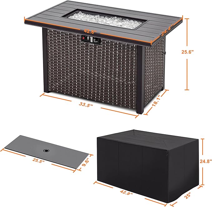 Nuu Garden 43 Inch Propane Fire Pit Table, CSA Certified 50,000 BTU Outdoor Patio Propane Fire Pit Table with 7 lbs Glass Stone and Removable Lid, Aluminum Tabletop, Water-Proof Oxford Cover, Brown